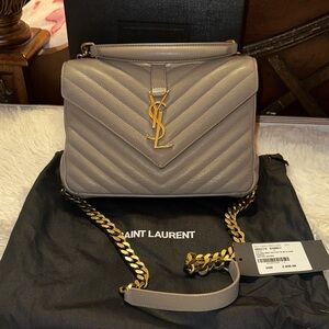 Authentic Saint Laurent Taupe Quilted Medium College Bag